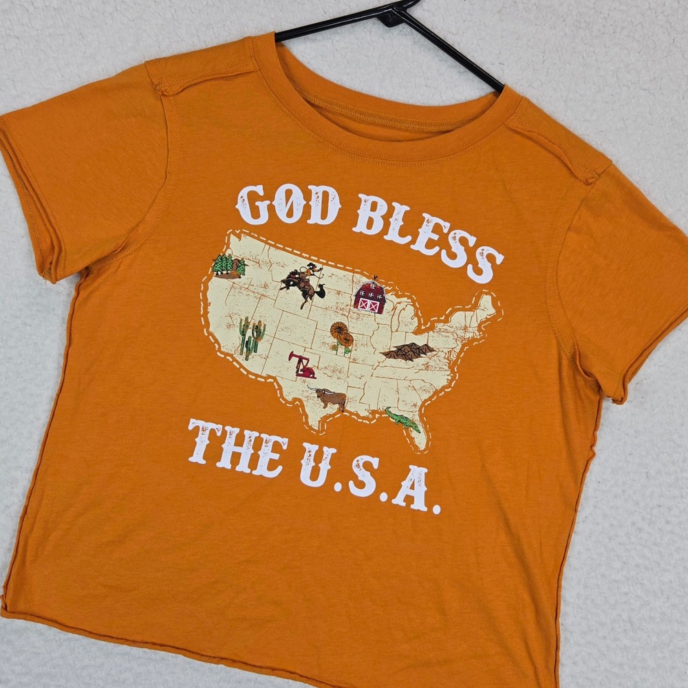 Cruel Denim Womens Graphic Tee S God Bless USA Western Americana Country Orange